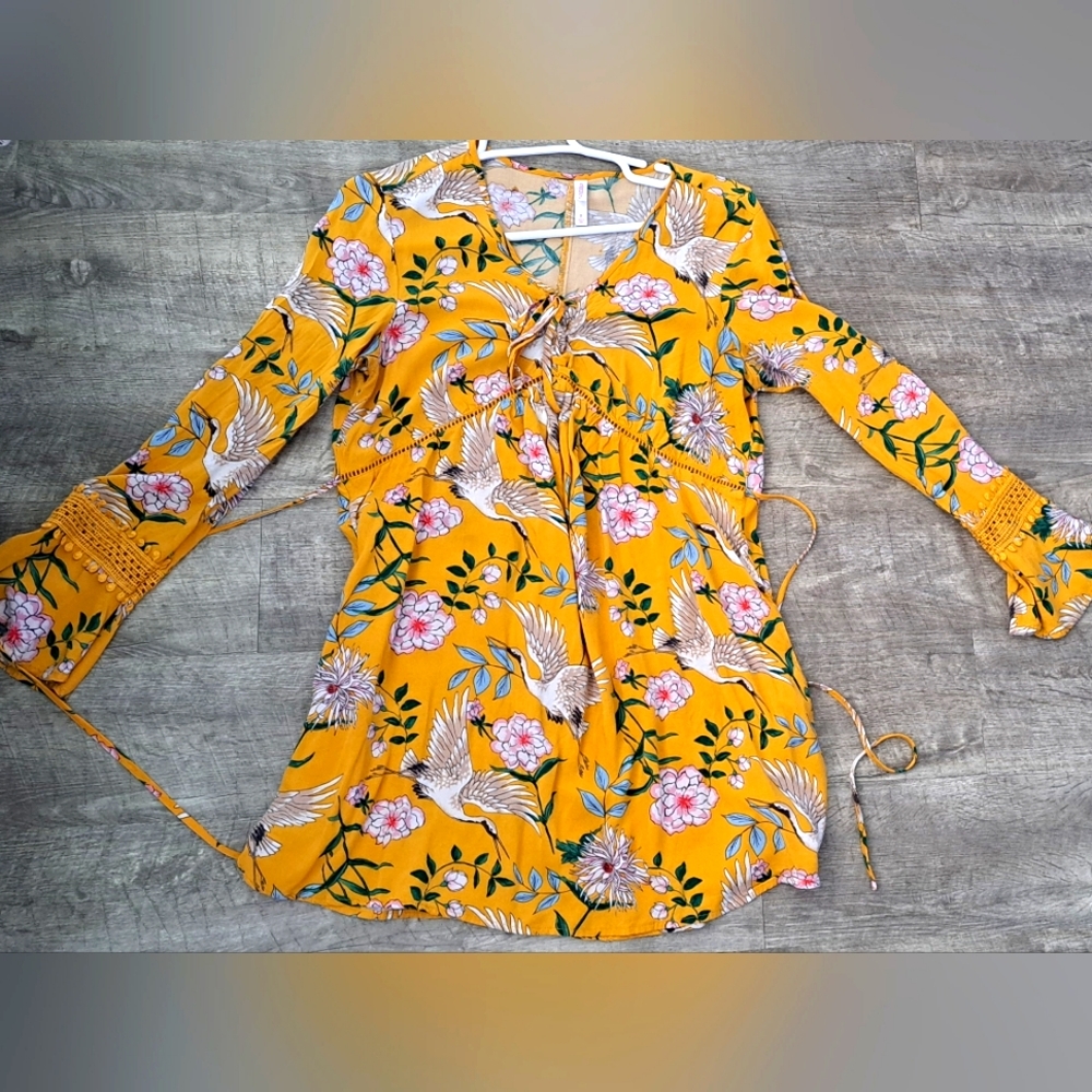 SUPER CUTE and COZY SOFT BOHO dress with a Crane and Floral Japanese style print